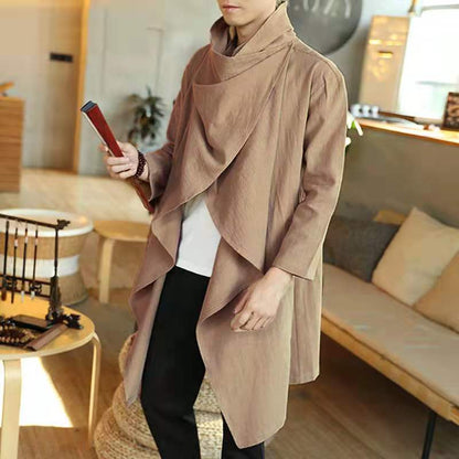 jiaabc Vintage Ponchos Men Irregular Cardigan Coats Long Sleeve Scarf Collar Trench Cotton Outwear Solid Cloak Jackets Men Streetwear