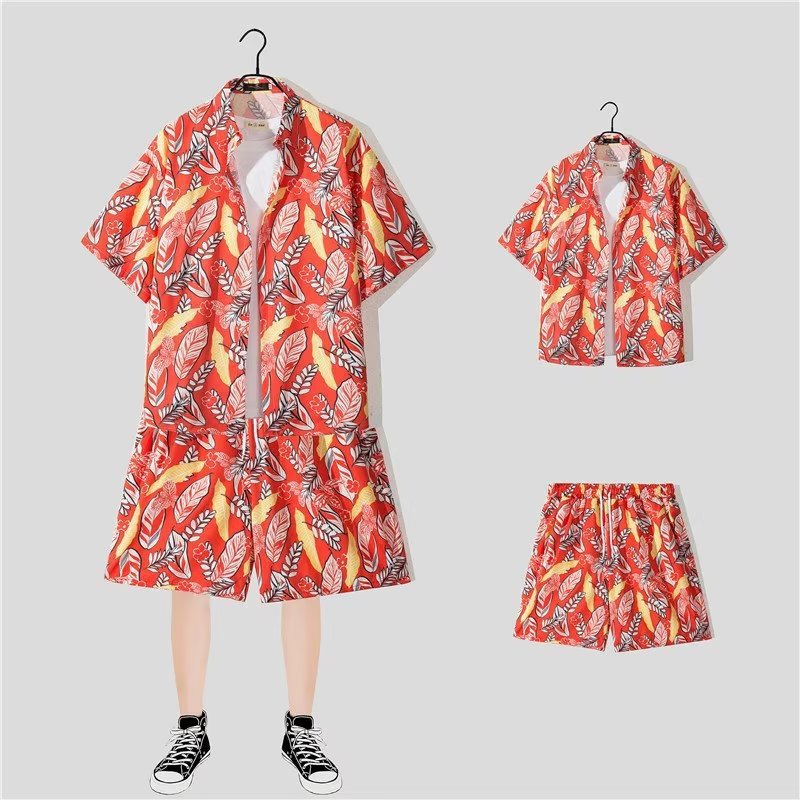 jiaabc New Floral Shirt Suit, Hawaiian Style, Handsome Hip-hop, Fashionable Internet Celebrity, Spring and Summer Short-sleeved Shorts Set