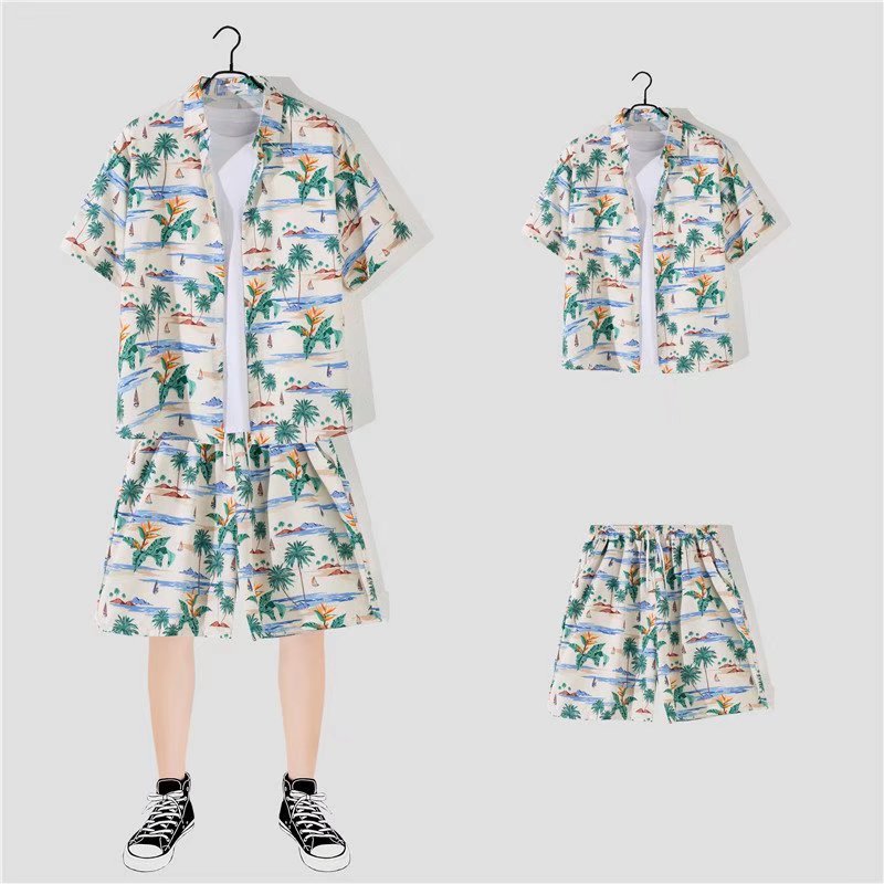 jiaabc New Floral Shirt Suit, Hawaiian Style, Handsome Hip-hop, Fashionable Internet Celebrity, Spring and Summer Short-sleeved Shorts Set