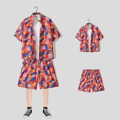 jiaabc New Floral Shirt Suit, Hawaiian Style, Handsome Hip-hop, Fashionable Internet Celebrity, Spring and Summer Short-sleeved Shorts Set