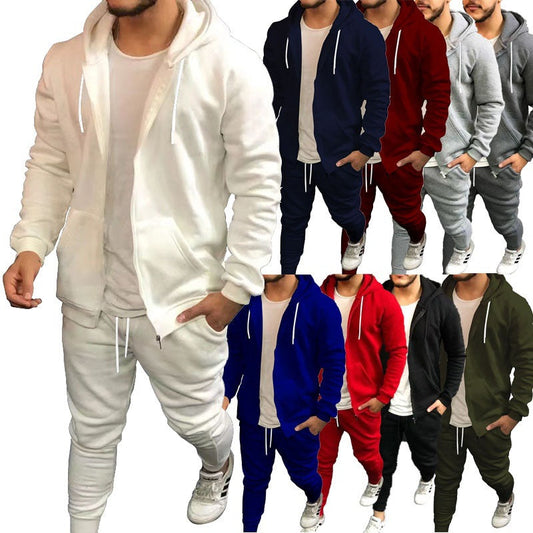 jiaabc Autumn and Winter Sports Men's Solid Color Fashion Casual Suit Hooded Cardigan Jacket Solid Color