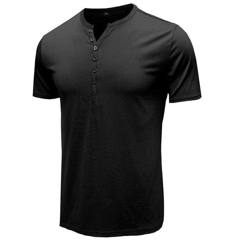 Summer New Men's Clothing European and American Men's Henley Shirt Short-sleeved Men's T-shirt Solid Color Tops