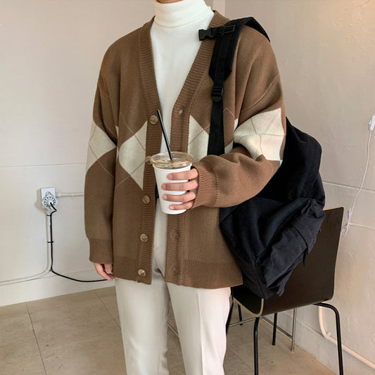 jiaabc minimalist fashion men Early Spring New Korean Style Couple Knitted Coat Retro College Diamond Plaid Color Matching Cardigan Men's Long Sleeve Sweater