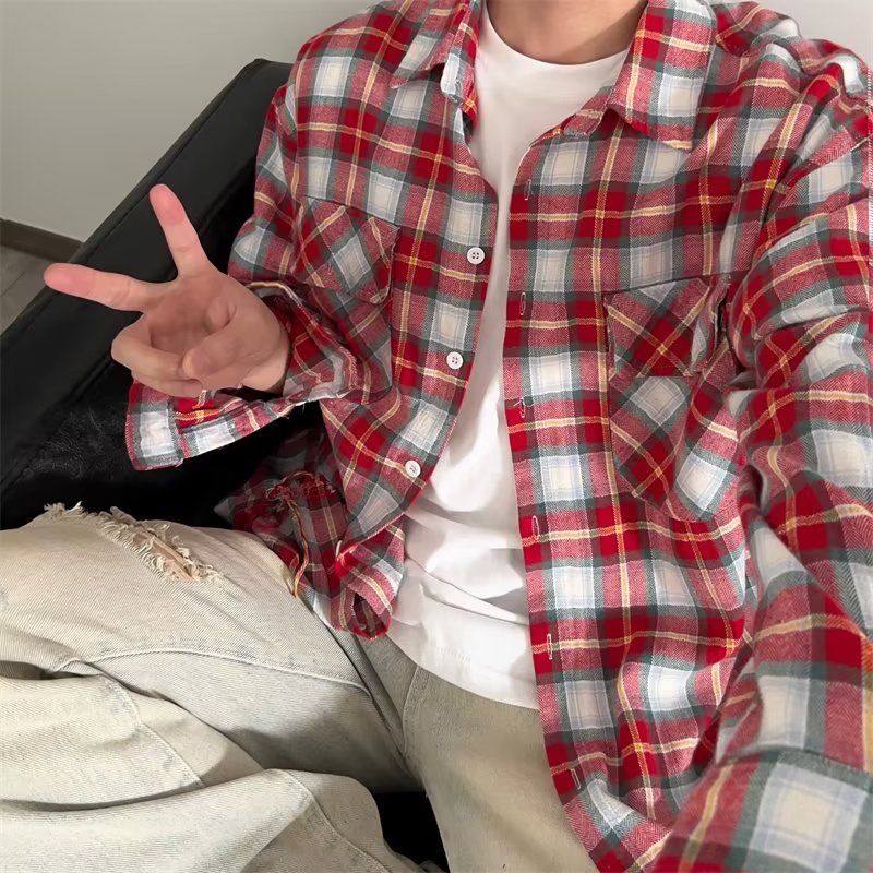 jiaabc fall mens outfits American-Style Red Plaid Shirt Men's Spring and Summer New High Street Loose High-Grade Shirt Top