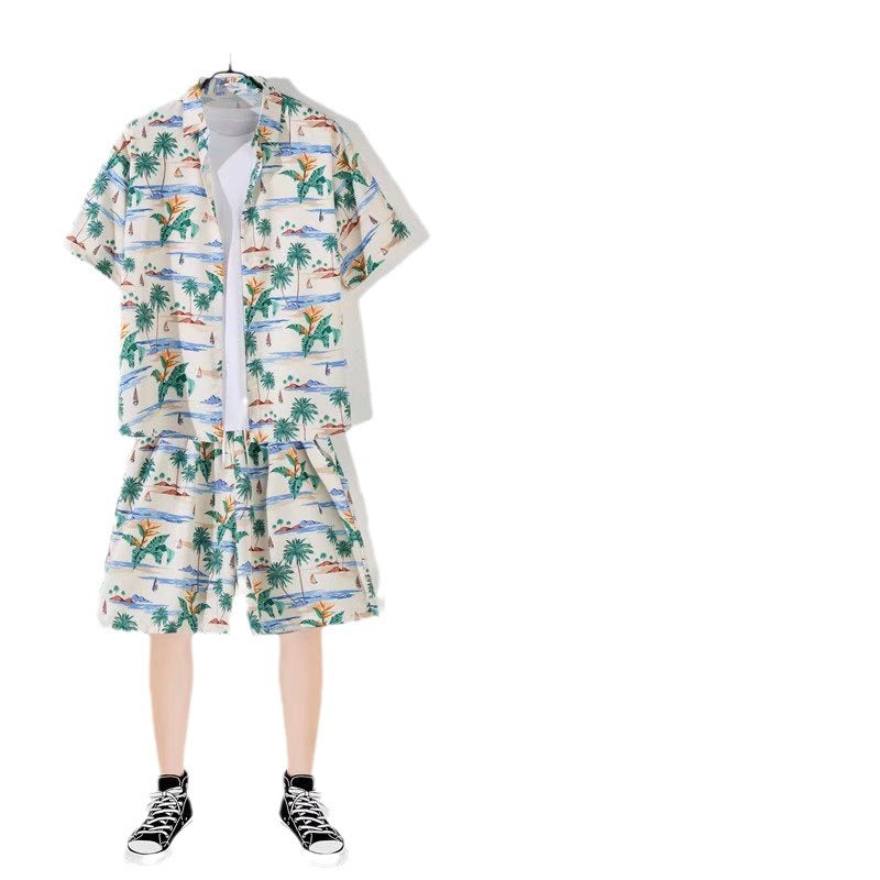 jiaabc New Floral Shirt Suit, Hawaiian Style, Handsome Hip-hop, Fashionable Internet Celebrity, Spring and Summer Short-sleeved Shorts Set