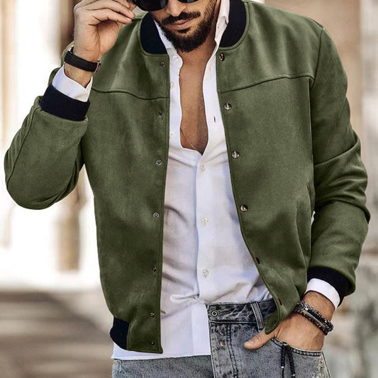 jiaabc Autumn and Winter Suede Stand Collar Men's Button Cardigan Jacket Casual Trendy American Coat Men