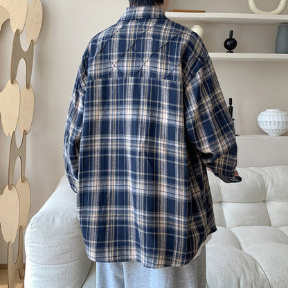 jiaabc mens fall outfits Plaid Shirt Men's New Four Seasons Loose Retro Brushed Long Sleeve Shirt Korean Casual plus Size Coat