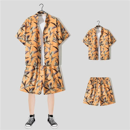 jiaabc New Floral Shirt Suit, Hawaiian Style, Handsome Hip-hop, Fashionable Internet Celebrity, Spring and Summer Short-sleeved Shorts Set