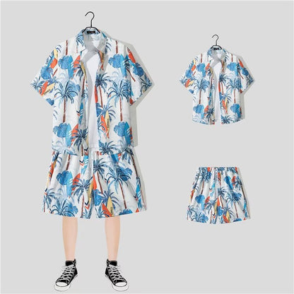 jiaabc New Floral Shirt Suit, Hawaiian Style, Handsome Hip-hop, Fashionable Internet Celebrity, Spring and Summer Short-sleeved Shorts Set