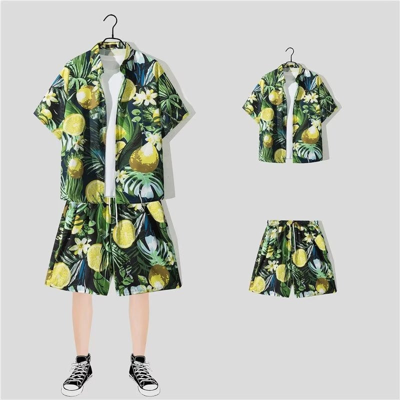 jiaabc New Floral Shirt Suit, Hawaiian Style, Handsome Hip-hop, Fashionable Internet Celebrity, Spring and Summer Short-sleeved Shorts Set