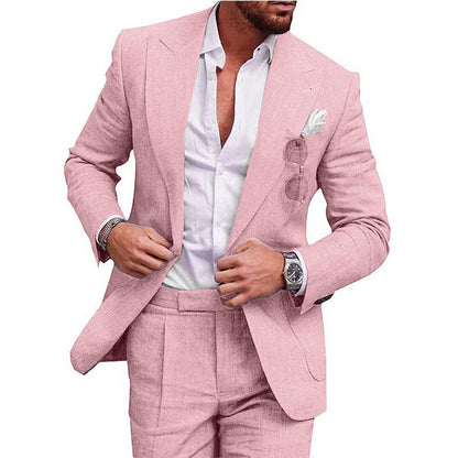 Light Blue Champagne Blue Men's Wedding Linen Suits 2 Piece Solid Colored Tailored Fit Single Breasted One-button