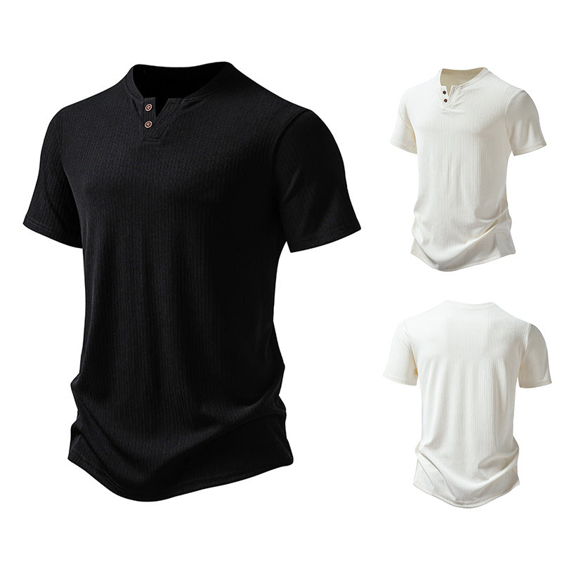 Summer New Five-quarter Sleeve T-shirt Men's Men's Clothing Men's 2-button Design Casual Short-sleeved T-shirt