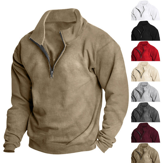 jiaabc Autumn and Winter Men's Fleece-lined Sweater Stand Collar Half Zipper Long Sleeve European Size Men's Top