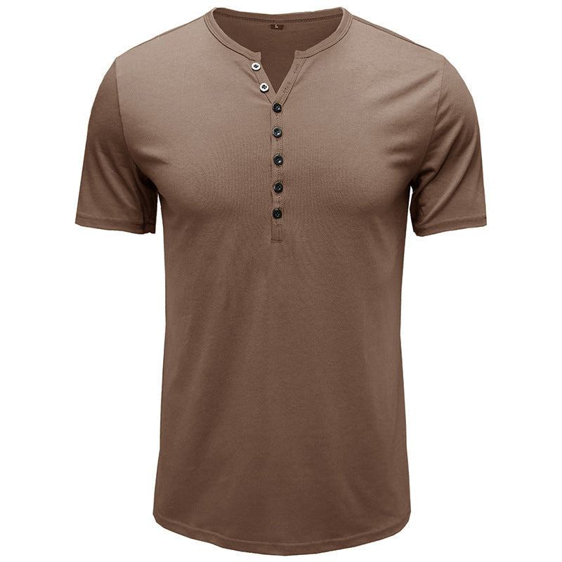 Summer New Men's Clothing European and American Men's Henley Shirt Short-sleeved Men's T-shirt Solid Color Tops