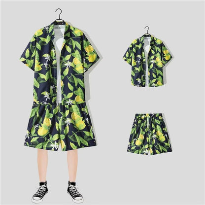 jiaabc New Floral Shirt Suit, Hawaiian Style, Handsome Hip-hop, Fashionable Internet Celebrity, Spring and Summer Short-sleeved Shorts Set