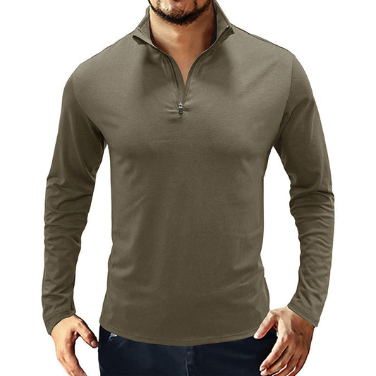 jiaabc Autumn and Winter Men's Long-Sleeved T-shirt Men's Stand Collar Pullover Zipper Polo Shirt