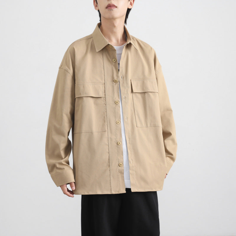 jiaabc semi formal men outfit Shirt Men's Long Sleeve Spring and Autumn Loose Fashionable Young and Middle-Aged Casual Non-Ironing Shirt Workwear Loose Coat Solid Color Top