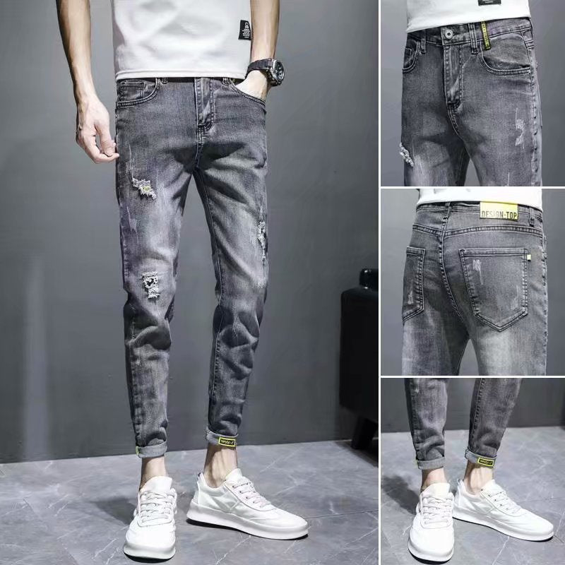 Men's Jeans Summer Thin Ripped Slim Fit Small Feet Casual Summer Versatile 2024 Spring and Autumn New Trousers