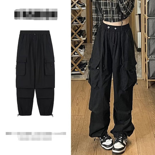 jiaabc tomboy outfit Spring Drawstring Ankle-Tied Men's Japanese Retro Loose Large Pocket Straight Overalls Wide Leg Pants Simple All-Match