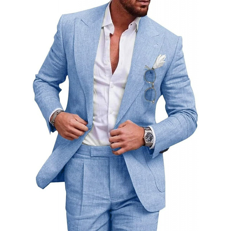 Light Blue Champagne Blue Men's Wedding Linen Suits 2 Piece Solid Colored Tailored Fit Single Breasted One-button