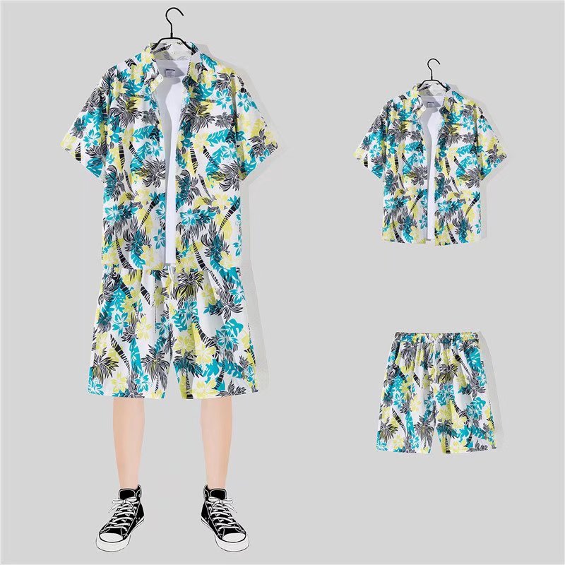 jiaabc New Floral Shirt Suit, Hawaiian Style, Handsome Hip-hop, Fashionable Internet Celebrity, Spring and Summer Short-sleeved Shorts Set