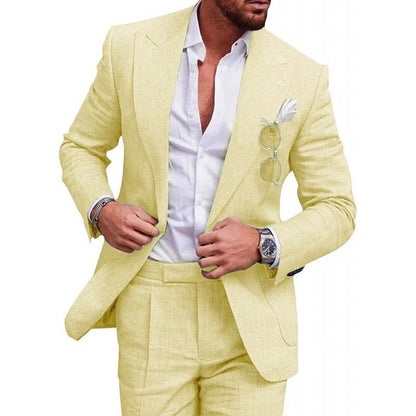 Light Blue Champagne Blue Men's Wedding Linen Suits 2 Piece Solid Colored Tailored Fit Single Breasted One-button