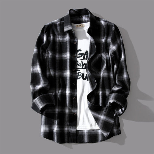 Autumn Japanese Black and White Plaid Long-sleeved Shirt Men's Design Retro Hong Kong Style Loose Shirt Versatile Jacket