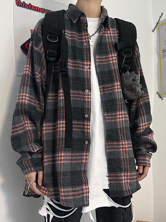 jiaabc black men streetwear Same Plaid Shirt Men's Long Sleeve Spring and Autumn Loose Retro Trendy Lazy Style Korean Style Ruan Handsome Inner Short Sleeve Shirt