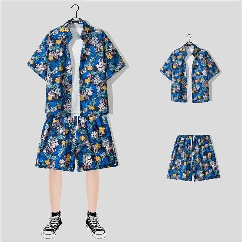 jiaabc New Floral Shirt Suit, Hawaiian Style, Handsome Hip-hop, Fashionable Internet Celebrity, Spring and Summer Short-sleeved Shorts Set