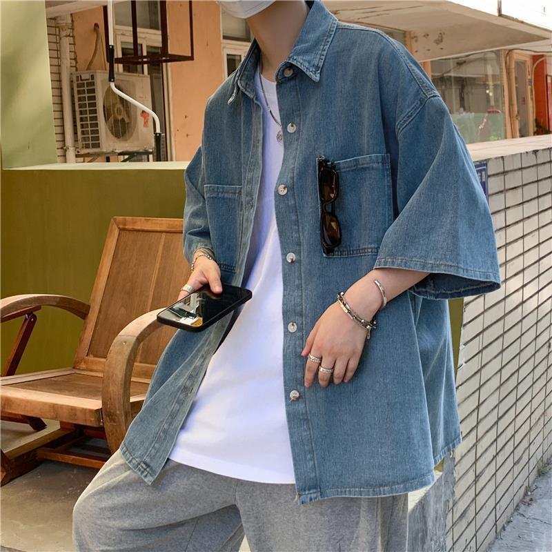 jiaabc Denim Short-sleeved Shirt Men's Summer Thin Hong Kong Style Three-quarter Sleeve Coat Trendy Loose Shirt