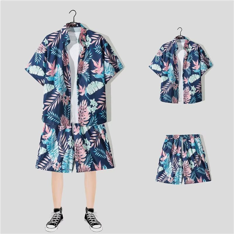 jiaabc New Floral Shirt Suit, Hawaiian Style, Handsome Hip-hop, Fashionable Internet Celebrity, Spring and Summer Short-sleeved Shorts Set