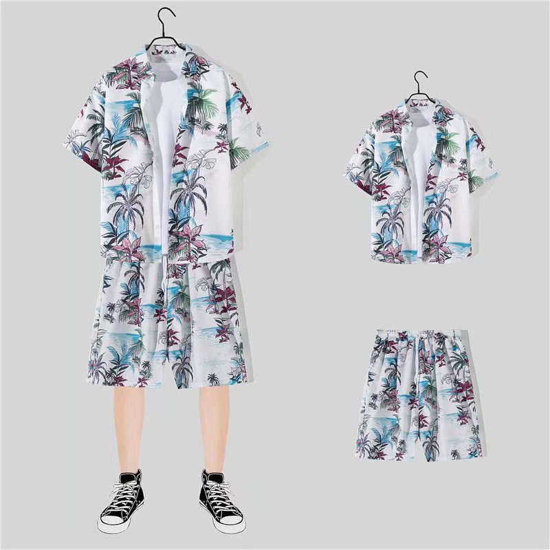 jiaabc New Floral Shirt Suit, Hawaiian Style, Handsome Hip-hop, Fashionable Internet Celebrity, Spring and Summer Short-sleeved Shorts Set