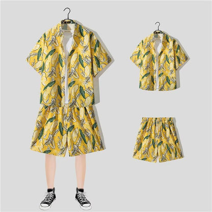 jiaabc New Floral Shirt Suit, Hawaiian Style, Handsome Hip-hop, Fashionable Internet Celebrity, Spring and Summer Short-sleeved Shorts Set