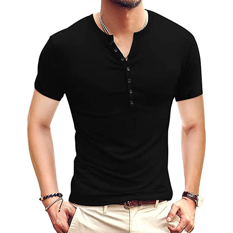 Summer New Men's Clothing European and American Men's Henley Shirt Short-sleeved Men's T-shirt Solid Color Tops