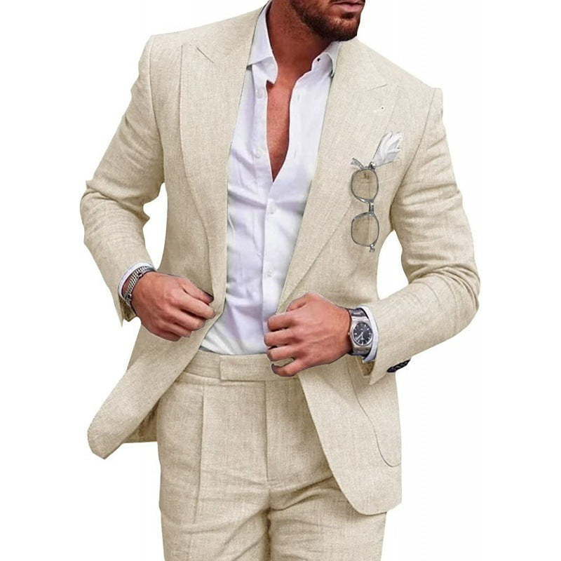 Light Blue Champagne Blue Men's Wedding Linen Suits 2 Piece Solid Colored Tailored Fit Single Breasted One-button