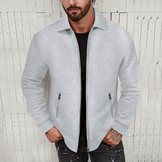 jiaabc Coat Men's Spring Youth Waffle Zipper Pocket Lapel Slim Cardigan Men's Jacket Coat