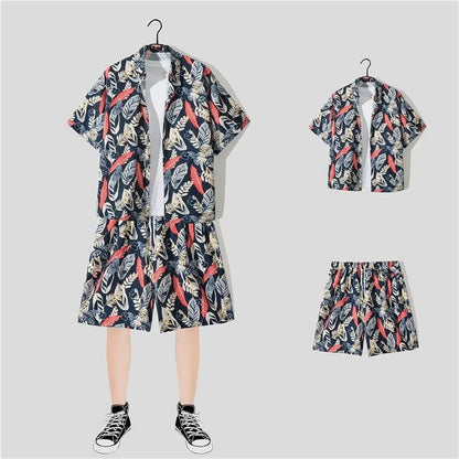 jiaabc New Floral Shirt Suit, Hawaiian Style, Handsome Hip-hop, Fashionable Internet Celebrity, Spring and Summer Short-sleeved Shorts Set