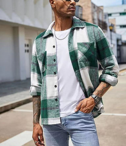 jiaabc Spring Autumn Men Shirt Turn-down Collar Cotton Blend Long Sleeve Plaid Buttons Shirt Coat Casual Loose Streetwear Man Clothes