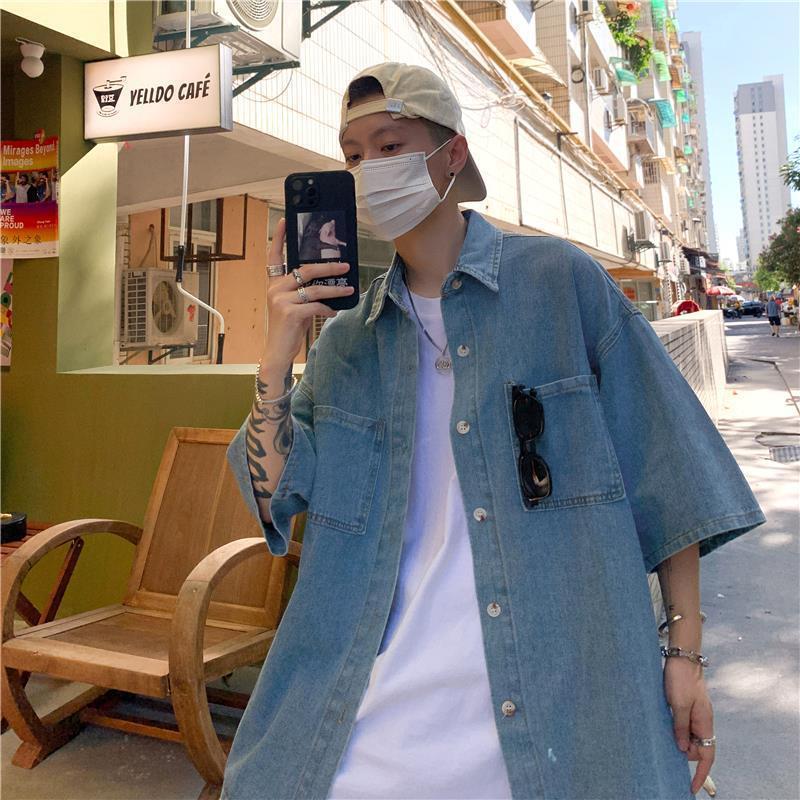 jiaabc Denim Short-sleeved Shirt Men's Summer Thin Hong Kong Style Three-quarter Sleeve Coat Trendy Loose Shirt