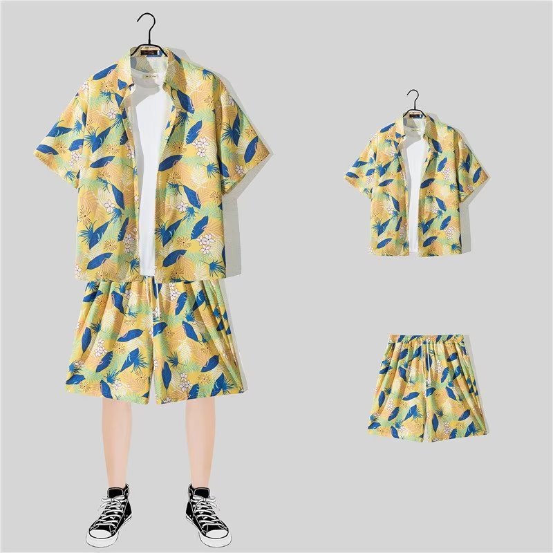 jiaabc New Floral Shirt Suit, Hawaiian Style, Handsome Hip-hop, Fashionable Internet Celebrity, Spring and Summer Short-sleeved Shorts Set