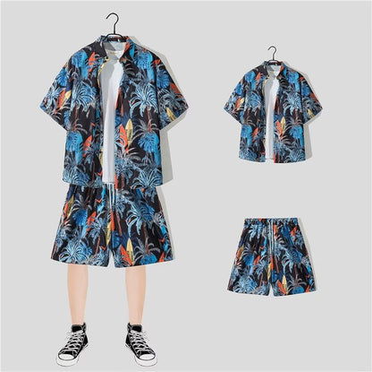 jiaabc New Floral Shirt Suit, Hawaiian Style, Handsome Hip-hop, Fashionable Internet Celebrity, Spring and Summer Short-sleeved Shorts Set