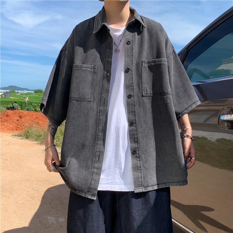 jiaabc Denim Short-sleeved Shirt Men's Summer Thin Hong Kong Style Three-quarter Sleeve Coat Trendy Loose Shirt