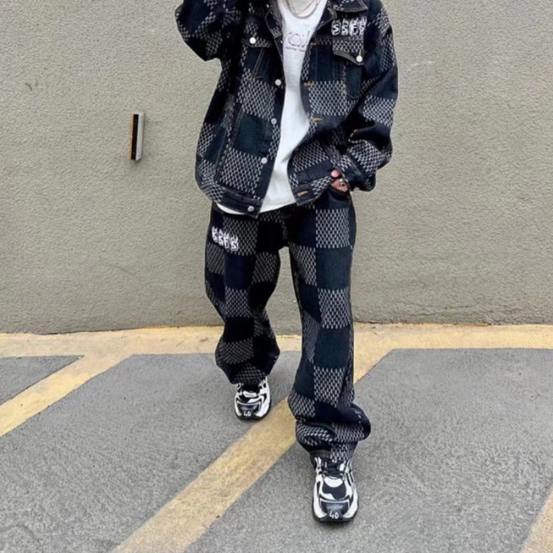 jiaabc Hip Hop Denim 2pcs Suit Men Women Trend Streetwear Denim Plaid Jacket and Punk BF Style Jeans Male Female Two Piece Set