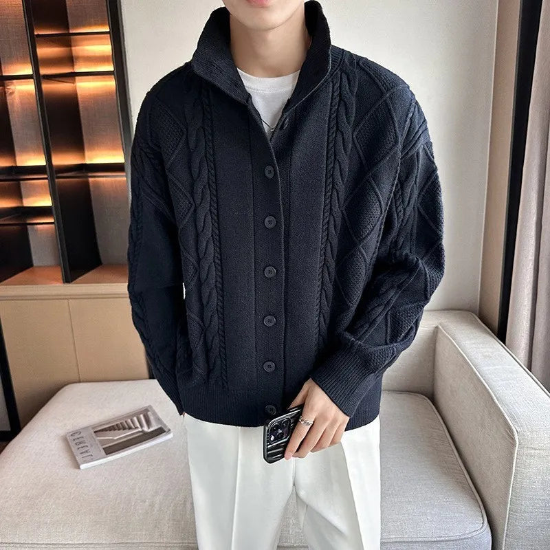 jiaabc Autumn / Winter New Twist Men's Knitted Cardigan Korean Version of Loose Solid Color Sweater Thick Coat High Quality Knit Coat