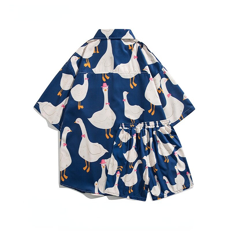 jiaabc American Casual Suit Men Cartoon Animal Duck Goose Print Oversize Top Loose Shirt Shorts Two-piece Set Summer Streetwear Unisex