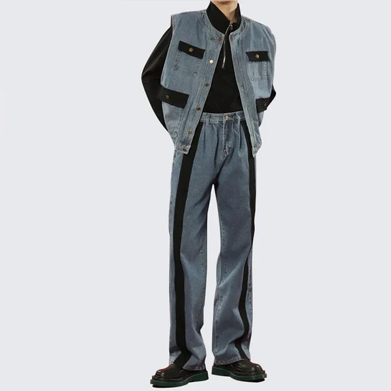 jiaabc Men's Sets Cargo Denim 2 Piece Outfits Male Patchwear Jeans Pants + Vests Sleeveless Casual Korean Streetwear Hip Hop