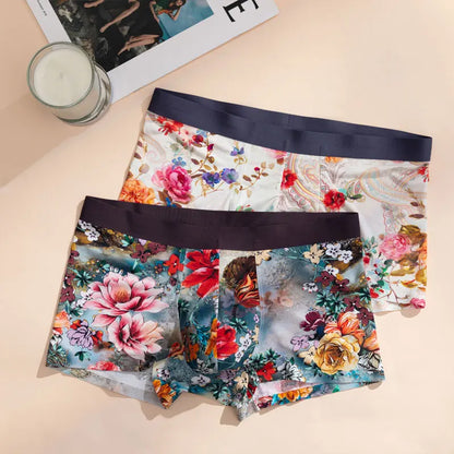 2pcs Men's Underwear Flower Panties Sexy Fashion Printed Boxer Shorts Soft Breathable High Elasticity Comfort  Briefs  Hot Sale