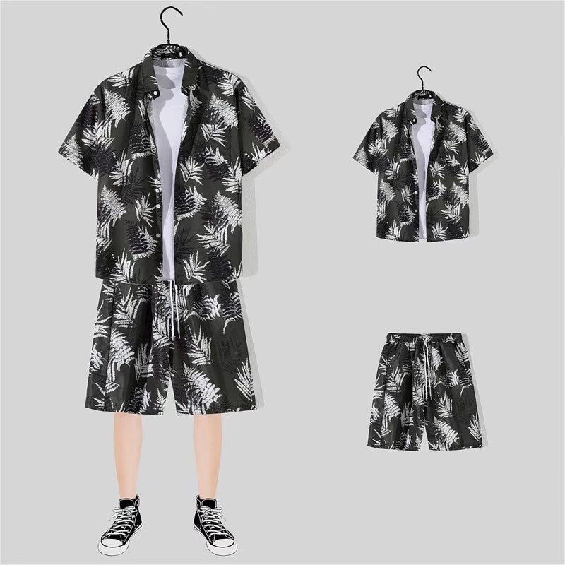 jiaabc 2 Piece Sets Men Beach Fashion M-3XL Baggy Handsome Print Shirts Shorts Hawaiian Holiday Unisex Thin Summer Vintage Clothing Ins