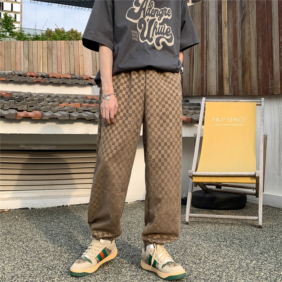 jiaabc 3 Color Plaid Pants Men Fashion Retro Casual Wide Leg Pants Mens Japanese Streetwear Loose Hip Hop Straight Pants Mens Trousers