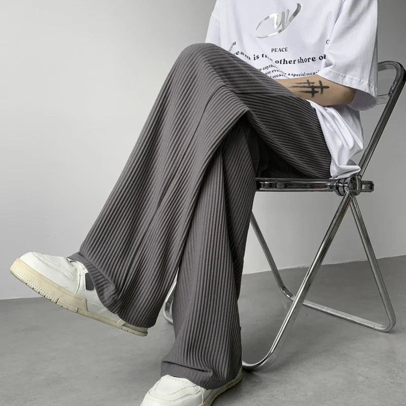 jiaabc Summer Casual Pants Men Fashion Oversized Wide Leg Pants Men Trousers Streetwear Korean Loose Pleated Pants Mens Ice Silk Pants